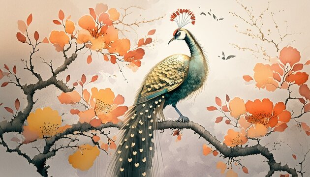 Colorful peacocks sitting on a tree branch. Oriental, exotic wallpaper, graphics