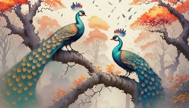 Colorful peacocks sitting on a tree branch. Oriental, exotic wallpaper, graphics