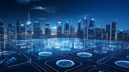 Rooftop and skyscrapers with wireframe hologram, Futuristic city, photo shot