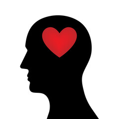 Heart in Human Head. Brain and Heart Concept. Vector Illustration. 