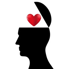 Heart in Human Head. Brain and Heart Concept. Vector Illustration. 