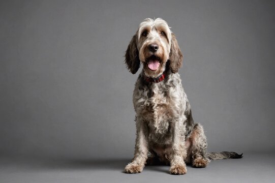 sit Spinone Italiano dog with open mouth looking at camera, copy space. Studio shot.
