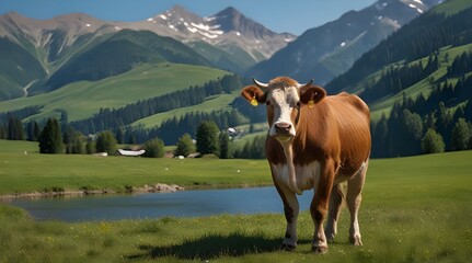 One cow in summer meadow against backdrop of alpine mountains and blue sky.generative.ai