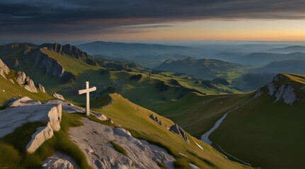 Panorama picture on the Silberplatten with summit cross in Appenzell.generative.ai