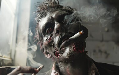An Undead Scene, Chomping Zombie in the Shadows, Undead Gentleman Enjoying a Smoke