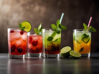 Fototapeta premium Variety of sweet alcohol coktails in different glasses, mojito, mai tai and sex on the beach, side view, vertical, generative AI
