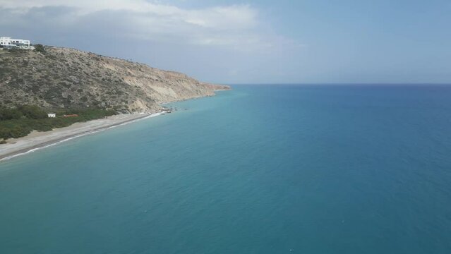 Pissouri Beach on Cyprus island. Aerial drone panoramic view and seascape. Copy space