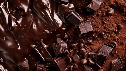 Chocolate background. Melted chocolate surface. World Chocolate Day concept. Sweet chocolates perfect for valentines day background.