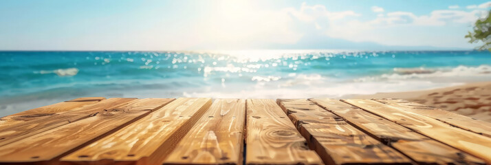 Empty wooden table top with blurred beach background for product display, vacation and travel concept. summer banner template.