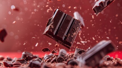 Chocolate bar flying, red background, World Chocolate Day concept. Sweet chocolates perfect for valentines day background.
