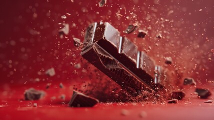 Chocolate bar flying, red background, World Chocolate Day concept. Sweet chocolates perfect for valentines day background.
