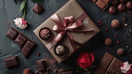 Chocolate bouquet and gift box, cover for competition World Chocolate Day concept. Sweet chocolates perfect for valentines day background.