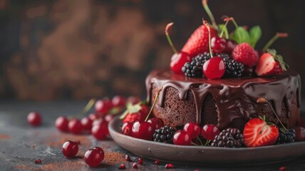 Chocolate cake with with berries, strawberries and cherries. cake on a dark brown background. World...