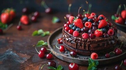 Chocolate cake with with berries, strawberries and cherries. cake on a dark brown background. World Chocolate Day concept. Sweet chocolates perfect for valentines day background.