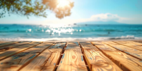 Empty wooden table top with blurred beach background for product display, vacation and travel concept. summer banner template.