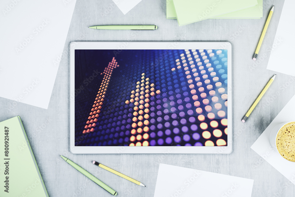 Poster creative concept of upward arrows illustration on modern digital tablet screen. breakthrough and pro