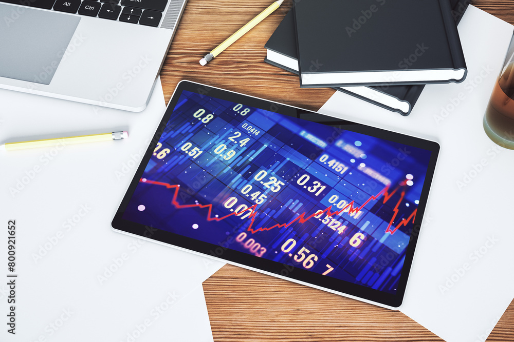 Aufkleber Digital tablet with abstract financial graph, finance and trading concept. Top view. 3D Rendering