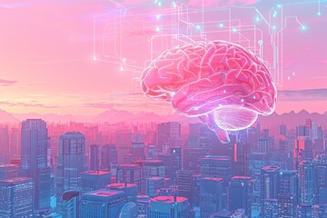 3d illustration of digital brain above the city
