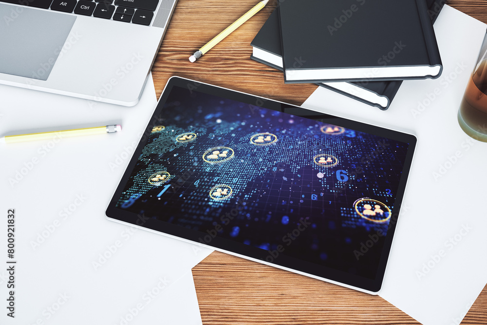 Poster Top view of modern digital tablet monitor with social network icons concept and world map. Marketing and promotion concept. 3D Rendering