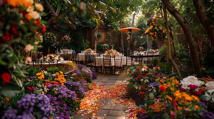A lavish garden party in full bloom, where vibrant florals mingle with the laughter of guests, creating an ambiance of joy and celebration fit for a love story for the ages.