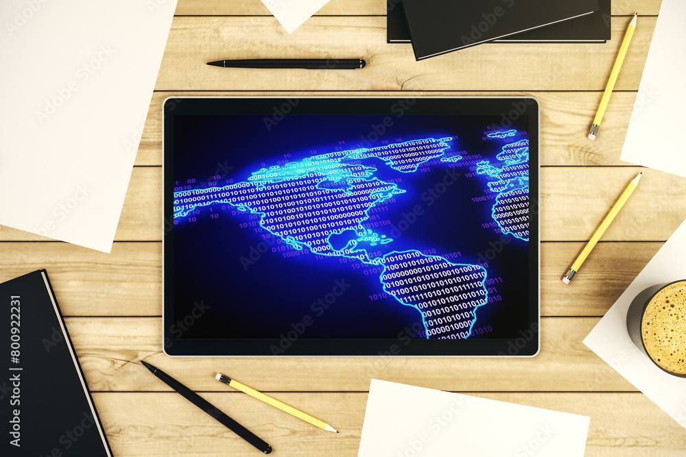 Poster top view of modern digital tablet monitor with america map, research and strategy concept. 3d render
