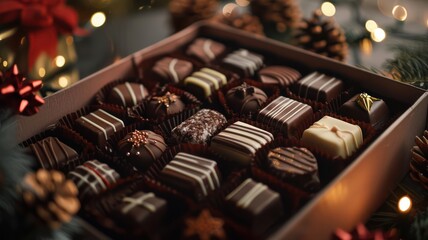 Chocolate box background. World Chocolate Day concept. Sweet chocolates perfect for valentines day...