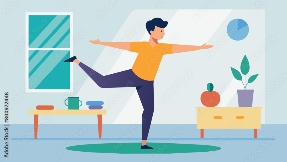 Poster practicing balance and coordination a man performs bodyweight exercises in the comfort of his own ho