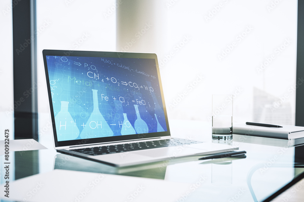 Poster modern computer monitor with creative chemistry concept, research and development concept. 3d render