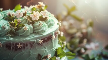 Close up photo of a delicious mint chocolate wedding cake, World Chocolate Day concept. Sweet...
