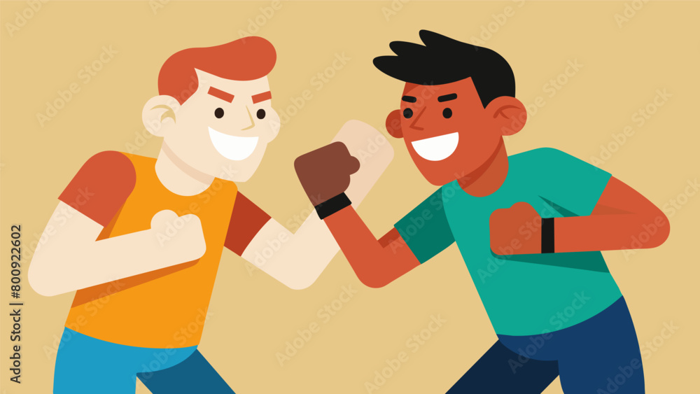 Poster a sparring match where both opponents are smiling and laughing showing their mutual respect and frie