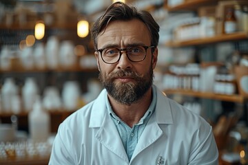 Fototapeta premium A confident, professional pharmacist, exuding competence and happiness in a modern workplace.