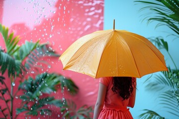 A woman holds a yellow umbrella, finding protection from the rain, amidst the beauty of the season.