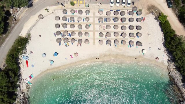 Top View over Ammoussa Beach, Sun Umbrellas Pattern, Lefkada, Greece