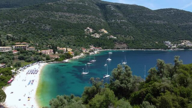 Flyby over Promontory in Mikros Poros Gialos Beach Bay Cliff, Lefkada, Greece