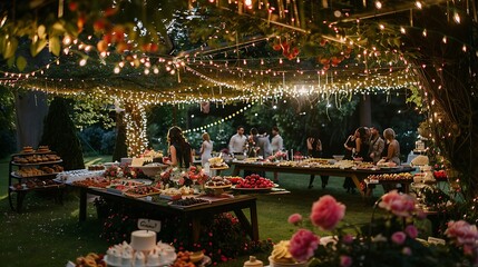 A lavish garden party unfolds beneath a canopy of twinkling fairy lights, where tables adorned with blooms overflow with sweet treats and laughter