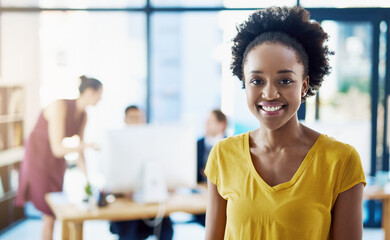 Smiling, portrait and black woman in office for collaboration, proud and marketing research in...