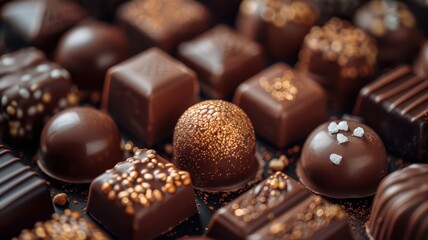 Close-up of stunning dark chocolates, beautifully crafted. World Chocolate Day concept. Sweet chocolates perfect for valentines day background.
