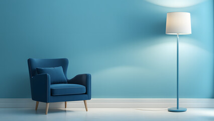 A blue chair is sitting in front of a white wall