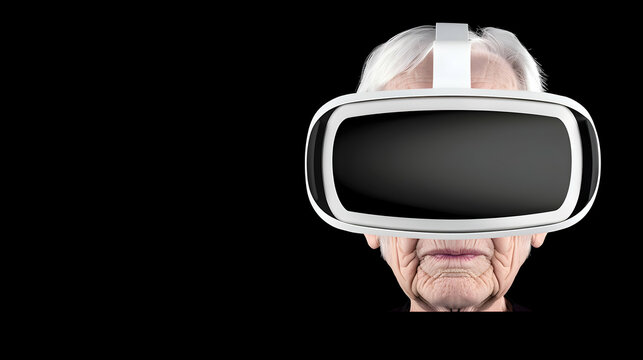 Older, mature woman wearing virtual reality (VR) goggles. Light background. Space for copy.
