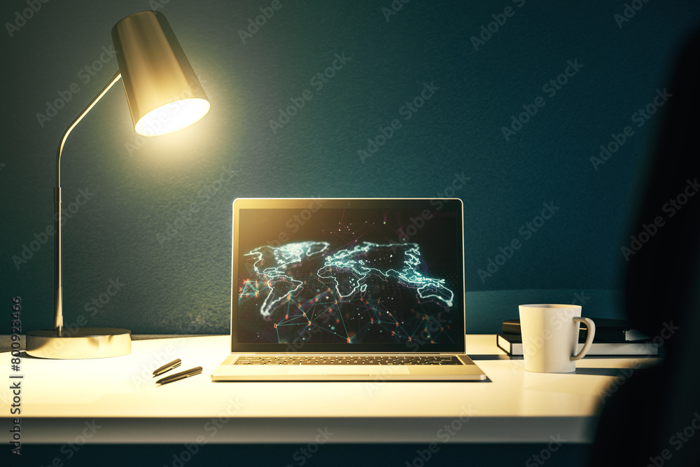 Leinwandbilder modern computer display with abstract graphic world map, big data and networking concept. 3d renderi