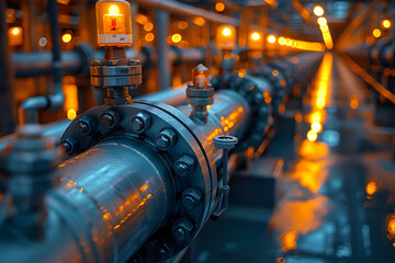 Industrial Pipes in a Factory with Lit Lamps in the Style of Light Navy and Orange