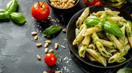 Vibrant penne pasta in a robust pesto sauce adorned with pine nuts and cherry tomatoes, clean studio background, high-detail capture