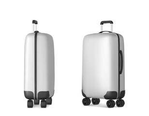 Travel suitcase set isolated on white background. Vector realistic illustration of metallic color bag with wheels and handle, tourist baggage, packed luggage, business briefcase for transportation