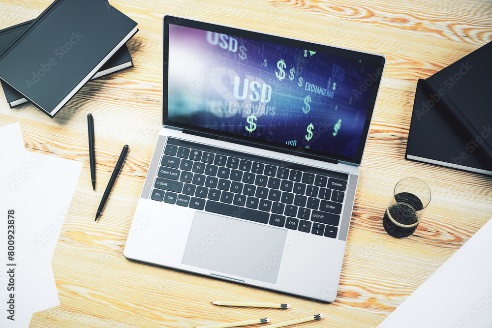 Poster modern computer monitor with creative usd symbols hologram. banking and investing concept. 3d render