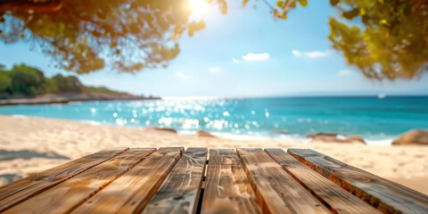 Fototapeta premium Empty wooden table top with blurred beach background for product display, vacation and travel concept. summer banner template.