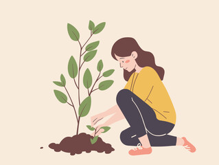 wither background, A woman planting a tree to symbolize growth., very simple and isolate in the style of animated illustrations, wither background