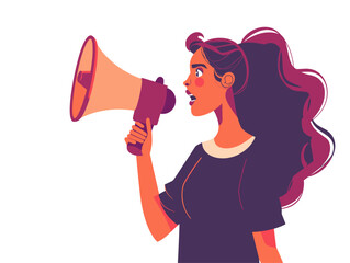 wither background, A woman with a megaphone advocating for equality., very simple and isolate in the style of animated illustrations, wither background
