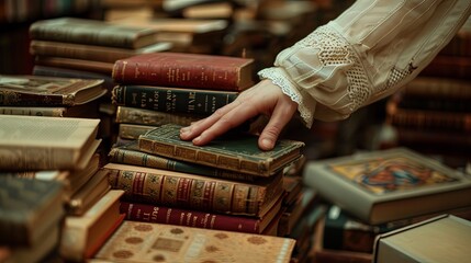 A close-up of a hand reaching for a book on a pile of novels, highlighting the joy of discovering a...