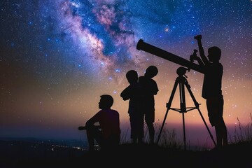 A family gathered around a telescope, silhouetted against the glow of the Milky Way as they explore...
