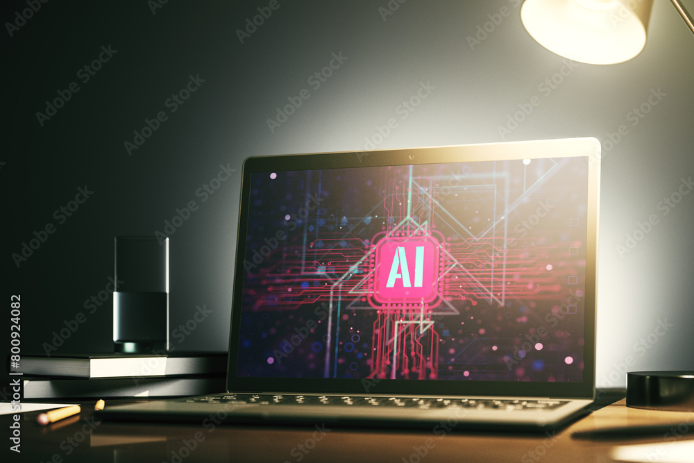Poster Creative artificial Intelligence symbol concept on modern computer monitor. 3D Rendering